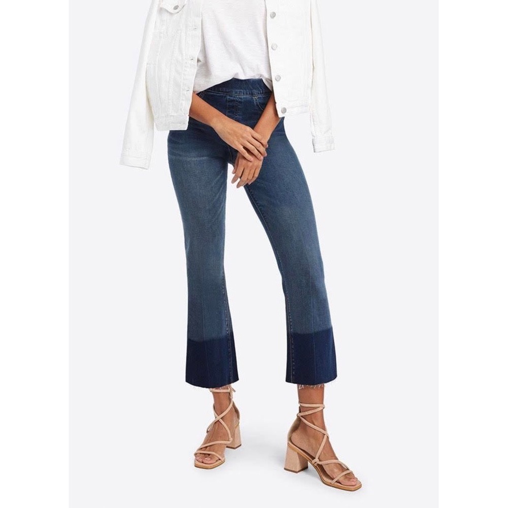 Spanx Cropped Flare Jeans Medium Wash Two Tone Raw Hem Pull On Denim S